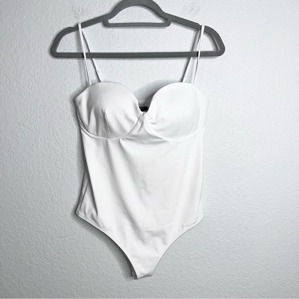 Express Bodysuit Top Women Large Body Contour Tank White Snap Thong Lined B9